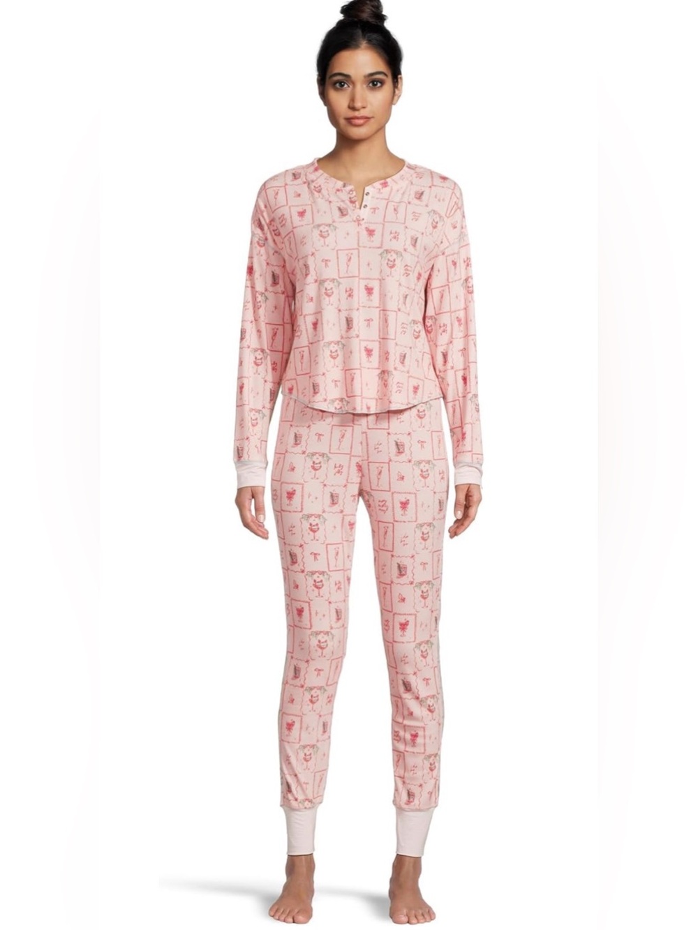 NWT Honeydew Intimates Back in Bed Rib Long Henley Pajama Set - Holiday Drinks
